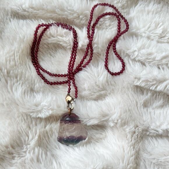 Laughing Buddha Carved Fluorite with Beaded Necklace Heart Clasp - Picture 1 of 4